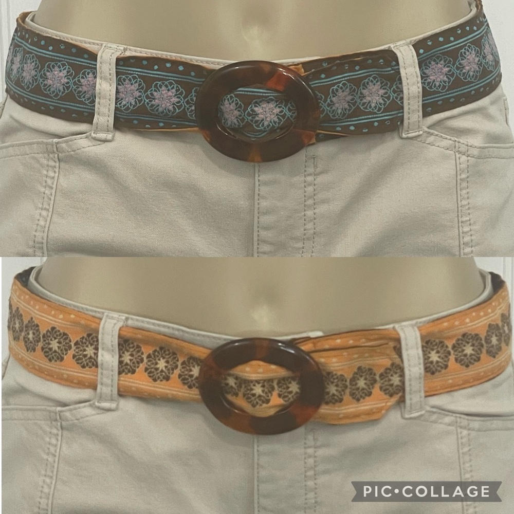Boho Reversible Embroidered Floral Cloth Belt w/ Tortoise Buckle S/M